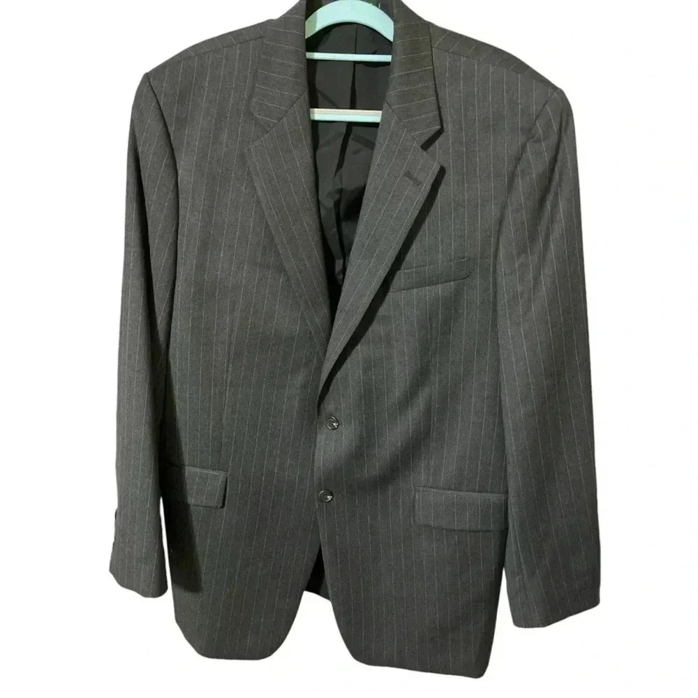 Lauren Ralph Lauren Blazer 46L Grey Pinstripe 100% Wool Two Button Jacket Vtg